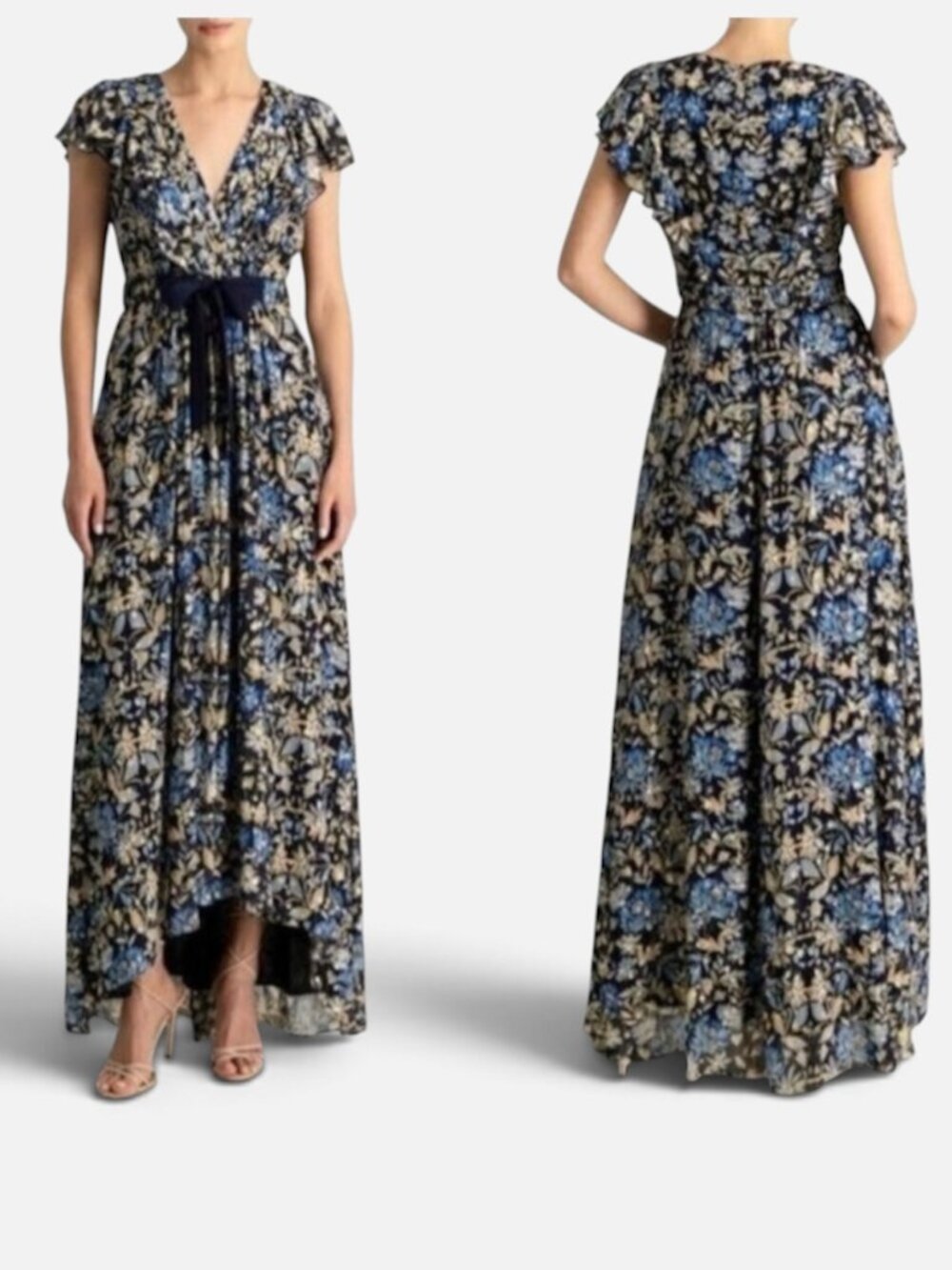 🛍 Monique Lhuillier Wo Metallic Floral Maxi Dress in Bluebell Garden
